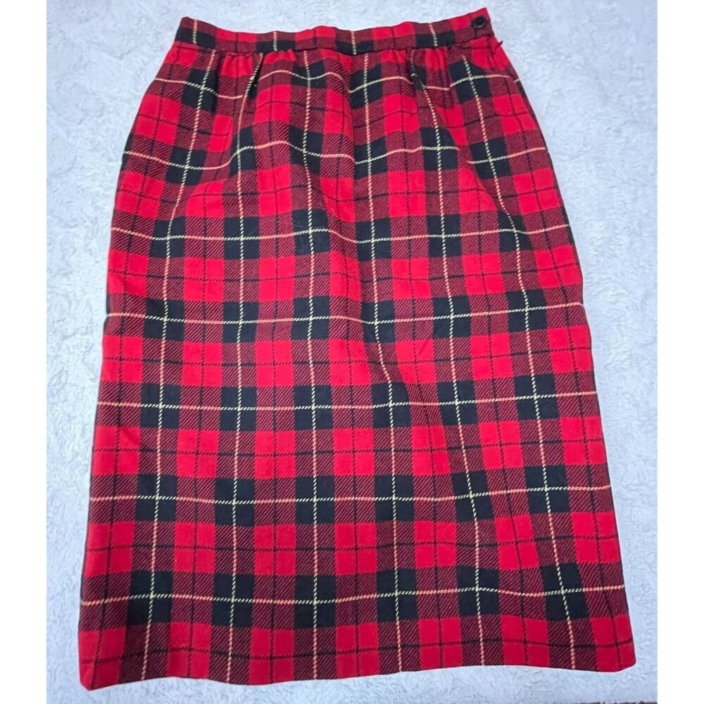 Vintage Pendleton Classic Tartar Plaid Pencil Skirt Size 8 Virgin Wool Red Black